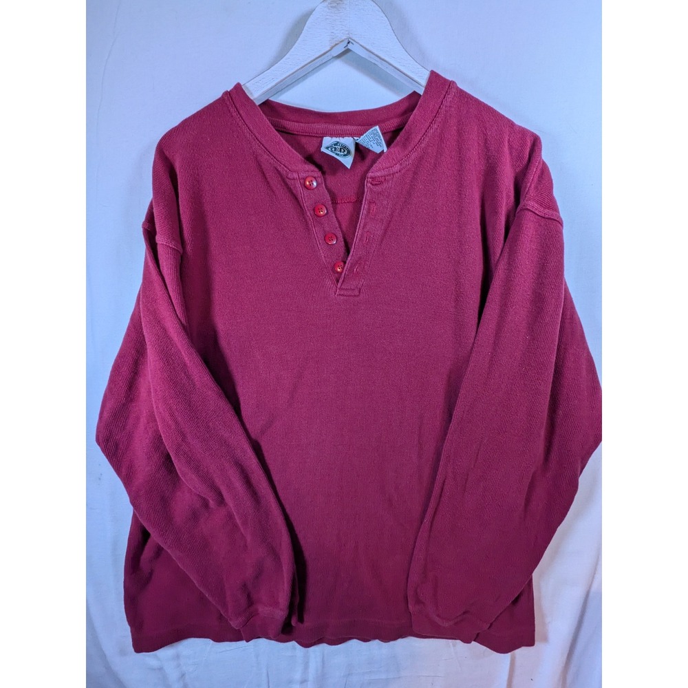 Vintage Rest and Relaxation Mens Henley Shirt Large Red Long Sleeve Cotton Rib